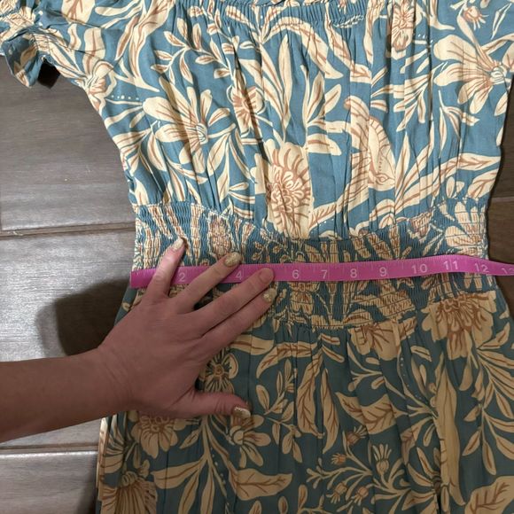 NWT Patrons of Peach Blue Floral Print Smocked Short Sleeve Maxi Dress Small - Picture 15 of 16